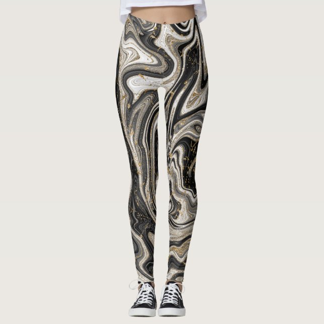 Svart Vit & Guld Chic Virvel Modern Abstrakt Leggings (Framsida)