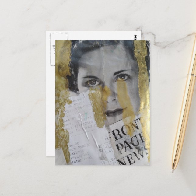 svart vit guld dam förstasidesnyheter collage vykort (Fram/Back In Situ)