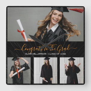 Svart, vit & guld examen 4 foto collage fyrkantig klocka