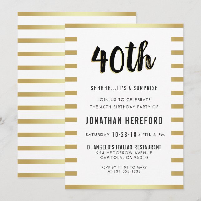 Svart, vit & guld- födelsedagsfest för inbjudningar (Fram/baksida)