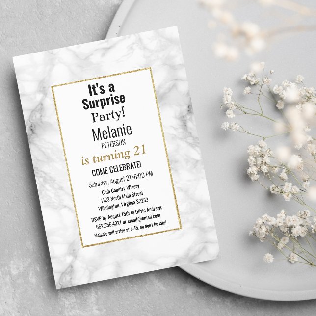 Svart vit guld glitter marmor Födelsedagsfest Inbjudningar (Black white gold glitter marble Birthday Party)