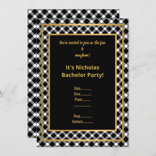 SVART VIT GULD KONTROLL BACHELOR FEST INVITATION INBJUDNINGAR (Fram/baksida)