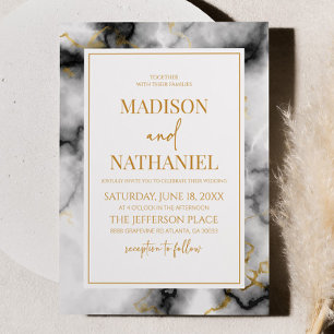 Svart Vit Guld Marmor Elegant Bröllop Inbjudningar