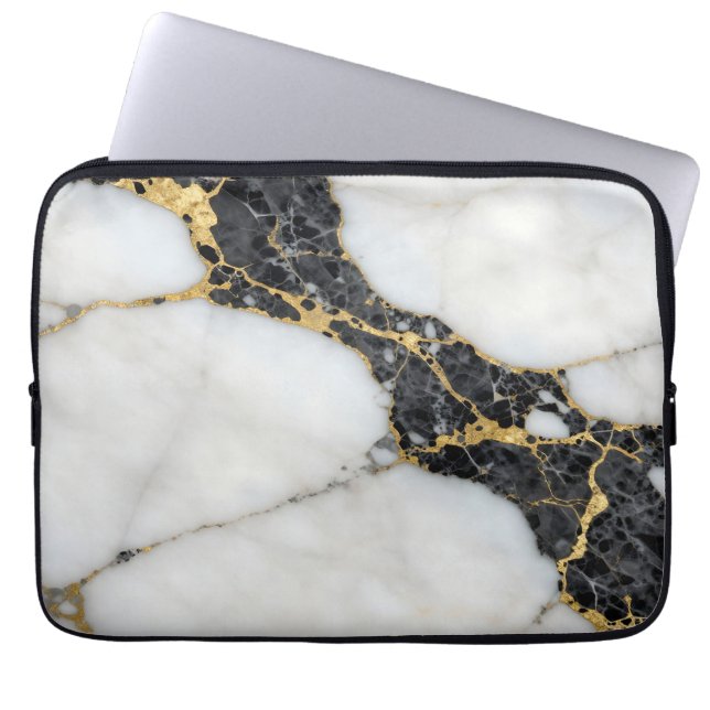 Svart Vit Guld Marmor Lyx Laptop Fodral (Framsidan)
