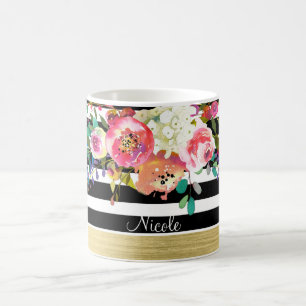 Svart Vit Guld Modern Blommig Glam Chic Anpassad Kaffemugg