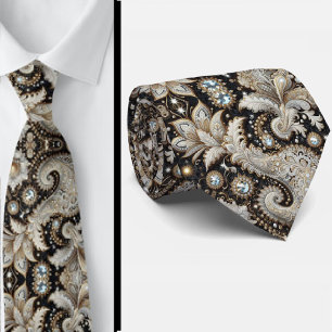Svart Vit Guld Spets Paisley Diamant Halsduk Slips