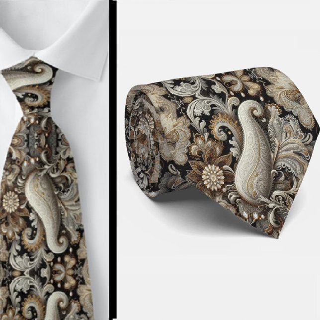 Svart Vit Guld Spets Paisley Diamant Halsduk Slips (Skapare uppladdad)