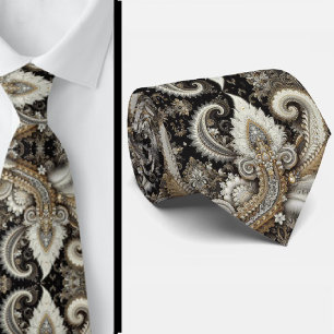 Svart Vit Guld Spets Paisley Diamant Halsduk Slips