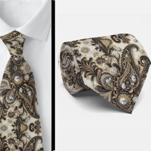 Svart Vit Guld Spets Paisley Diamant Halsduk Slips