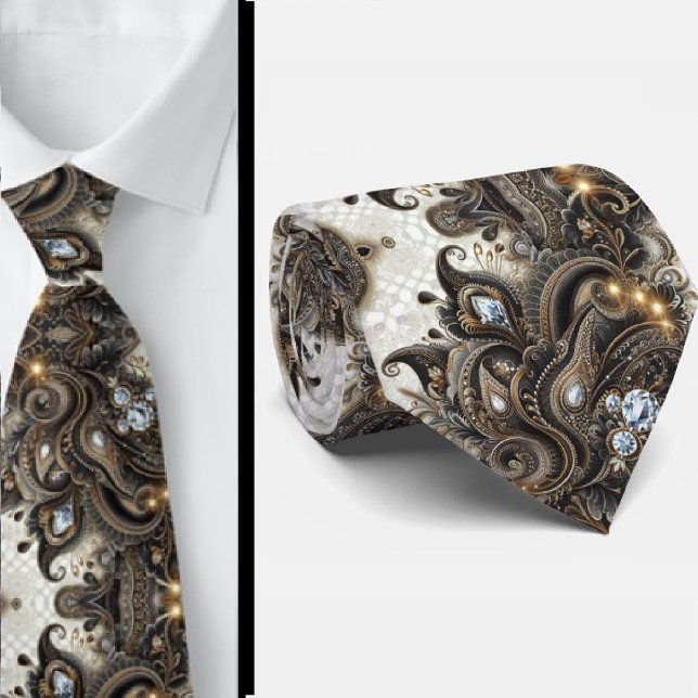 Svart Vit Guld Spets Paisley Diamant halsduk Slips (Skapare uppladdad)