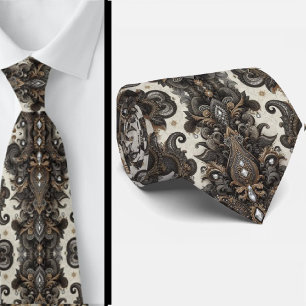 Svart Vit Guld Spets Paisley Diamant halsduk Slips