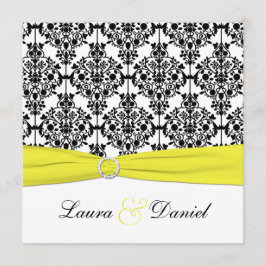 Svart, vit, Gult Damask-bröllopsinbjudan Inbjudningar