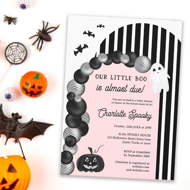 Svart vit Halloween-babydusch Inbjudningar (Black white Halloween little boo baby shower Invitation pastel pink)