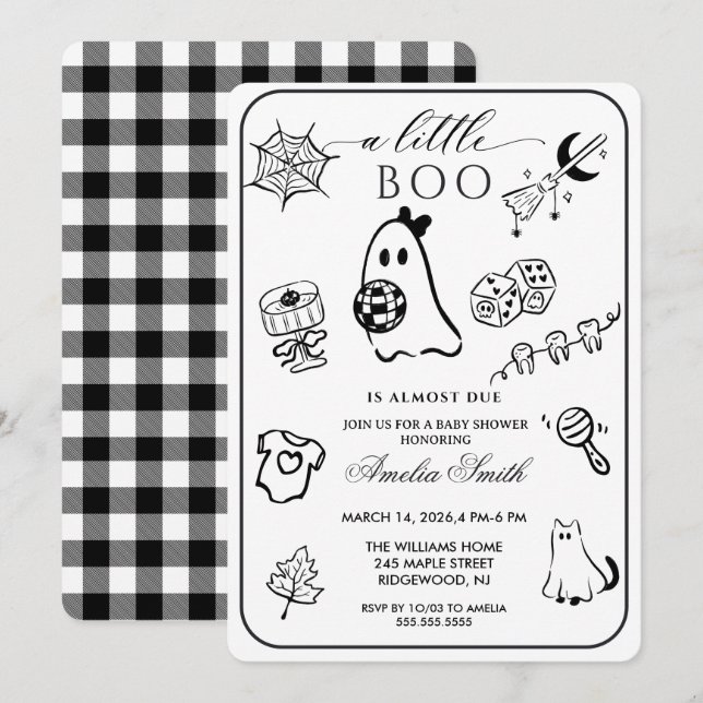 Svart-vit Handritad Halloween Tema Baby Shower Inbjudningar (Fram/baksida)