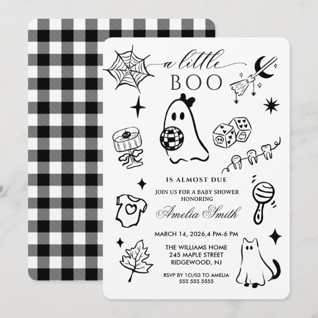Svart-vit Handritad Halloween Tema Baby Shower Inbjudningar (Fram/baksida)