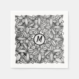 Svart-vit handritad klotter med monogram pappersservett