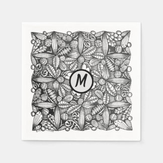 Svart-vit handritad klotter med monogram pappersservett