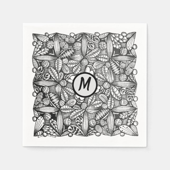 Svart-vit handritad klotter med monogram pappersservett (Framsidan)