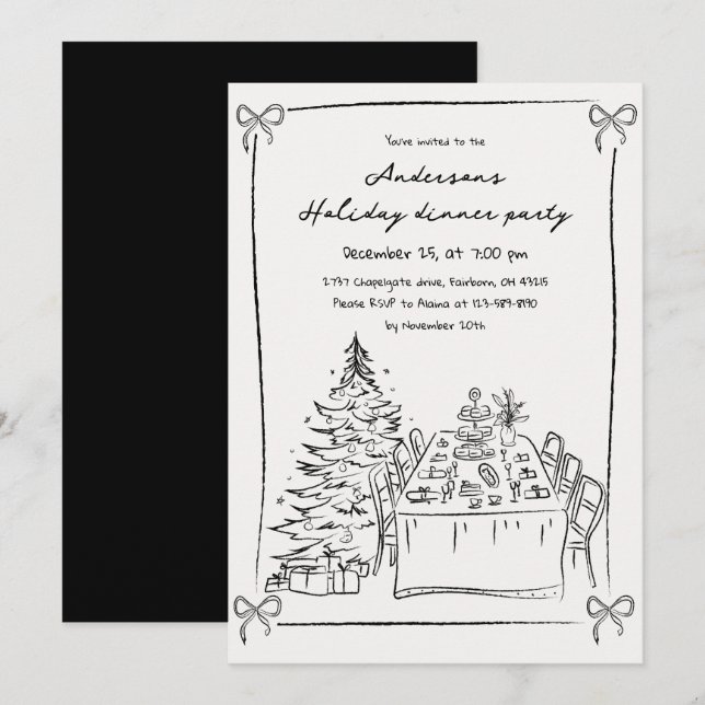 Svart & Vit Handritad Xmas Högtidlig Julfest  Inbjudningar (Fram/baksida)
