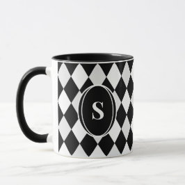 Svart-vit Harlekin Diamantmönster med Monogram Mugg