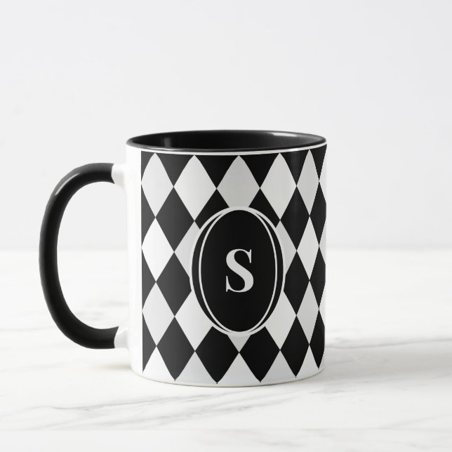 Svart-vit Harlekin Diamantmönster med Monogram Mugg (Vänster)