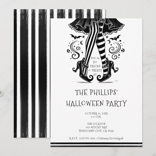 Svart & Vit Häxben Fantasifull Halloweenfest Inbjudningar (Fram/baksida)