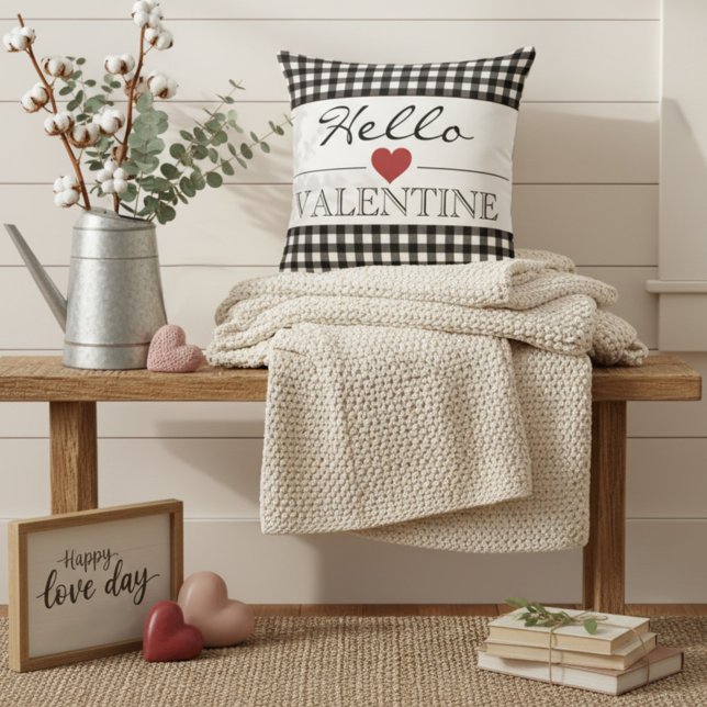 Svart & Vit Hello Valentine Rutig Gingham Kudde (Skapare uppladdad)