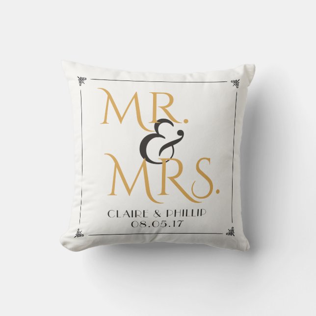 Svart vit | Herr & Fru Bröllop för guld Kudde (Framsida)