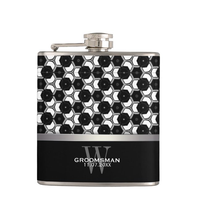 Svart Vit Hexagon Mönster Bröllopsvänner Hip Flask Fickplunta (Framsidan)