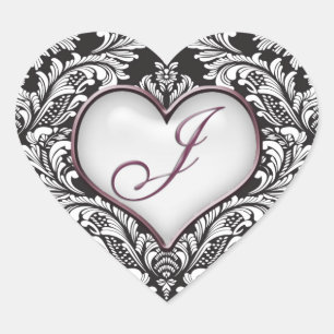 Svart, vit hjärtkärna Monogram brev J Sticker Hjärtformat Klistermärke