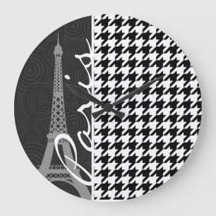 Svart & vit Houndstooth; Paris Stor Klocka