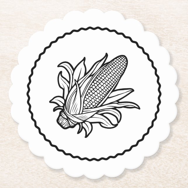 Svart-vit ikon för majskolv med blad underlägg papper (Framsida)