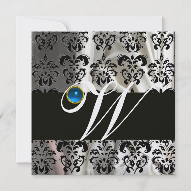SVART VIT IS SILKE DAMAST MONOGRAM BLÅ SAFIR INBJUDNINGAR (Framsida)