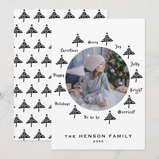Svart & Vit Julgransönskan Familjefoto Julkort (Fram/baksida)