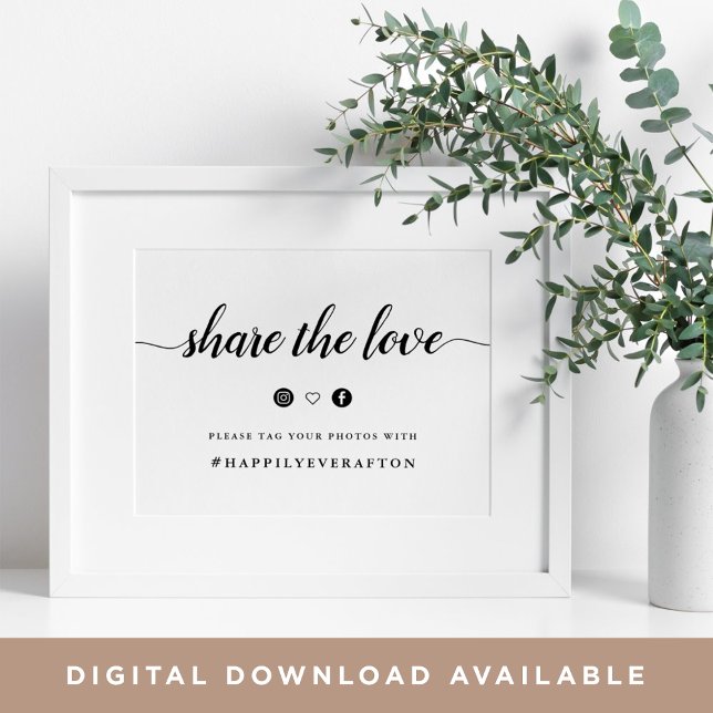 Svart & Vit Kalligrafi Bröllop Hashtag Skylt (Skapare uppladdad)