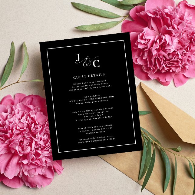 Svart & Vit Kalligrafi Bröllopsdetaljer Tilläggskort (Black and white calligraphy details cards add timeless elegance while sharing key wedding info.)