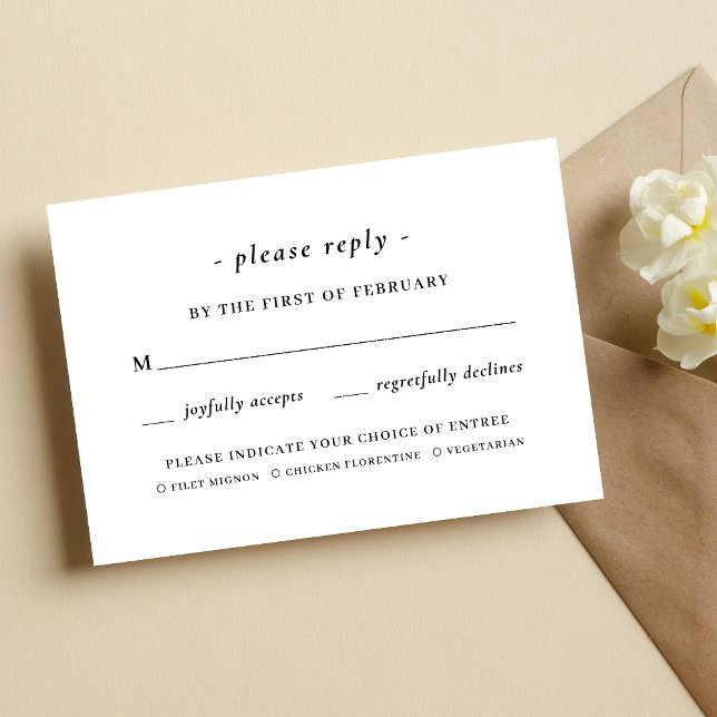 Svart & Vit Kalligrafi Måltid Val Bröllop OSA Kort (Black and white calligraphy meal choice RSVP cards add elegance while capturing guest preferences.)