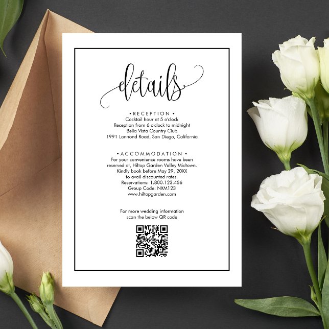 Svart & Vit Kalligrafi QR-kod Bröllopsdetaljer Tilläggskort (Black and white calligraphy QR code details card keeps guests informed with style)