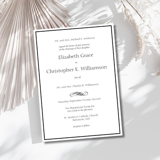 Svart Vit Kant Minimal Modern Formell Bröllop Inbjudningar (Black border minimalist traditional classic formal, both parents elegant wedding invitation)