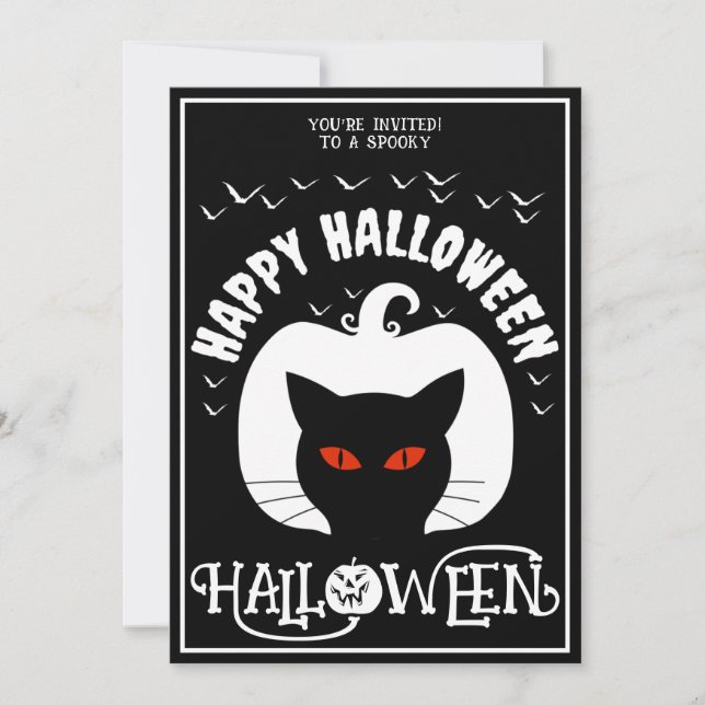 Svart Vit Katt Glad Halloween Kostym Fest Inbjudningar (Framsida)