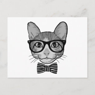 Svart Vit Katt Hipster med Fluga Vykort