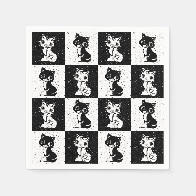 Svart Vit Katt Monogram Blocktryck Pappersservett (Framsidan)