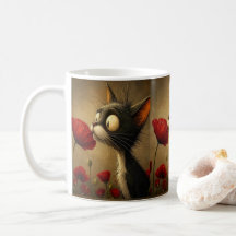 Svart & Vit Katt Röd Blomma Blommig Mugg