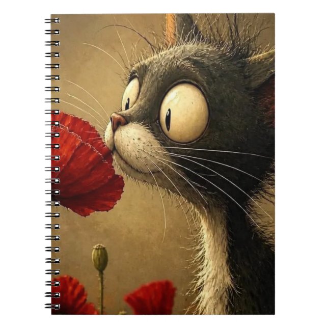 Svart & Vit Katt Röd Blomma Spiral Anteckningsbok  (Framsidan)