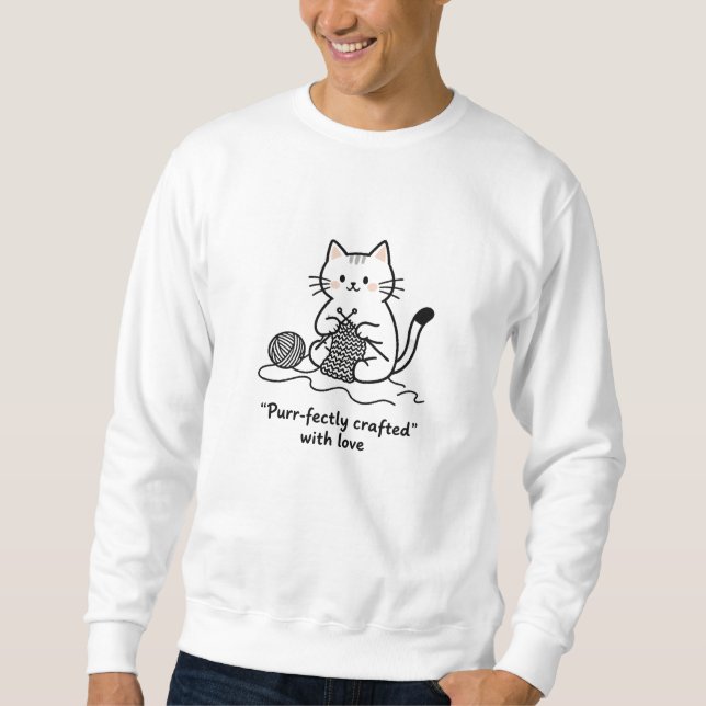 Svart Vit Katt som Lekar med Garn Stickningskonst  Lång Ärmad Tröja (Framsida)