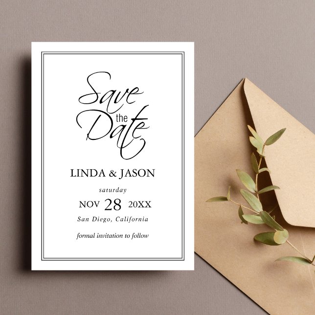 Svart & Vit Klassisk Bröllopskort för Save The Dat Inbjudningar (Black and white save the date card announces your day with timeless style and elegance.)