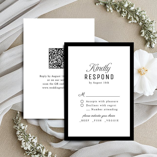 Svart Vit Klassisk Skrift Elegant QR-kod Bröllop OSA Kort (Black White Classy Script Elegant QR code Wedding RSVP Card)