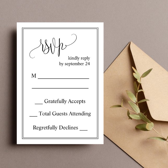 Svart & Vit Klassisk Skript Bröllop RSVP-kort Inbjudningar (Black and white script RSVP card keeps responses simple with timeless style for weddings.)
