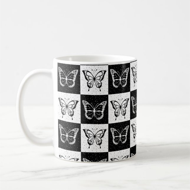 Svart, vit, kontrollerad fjäril-design kaffemugg (Vänster)