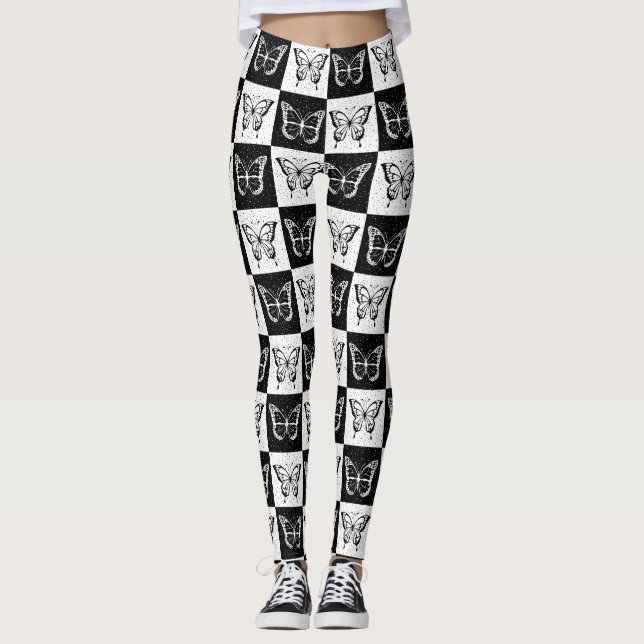 Svart, vit, kontrollerad fjäril-design leggings (Framsida)